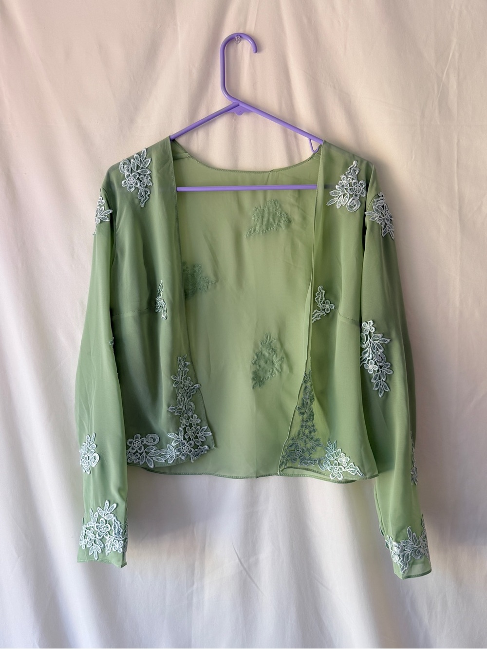 Light Green Sheer Embroidered Open-Front Women's Top